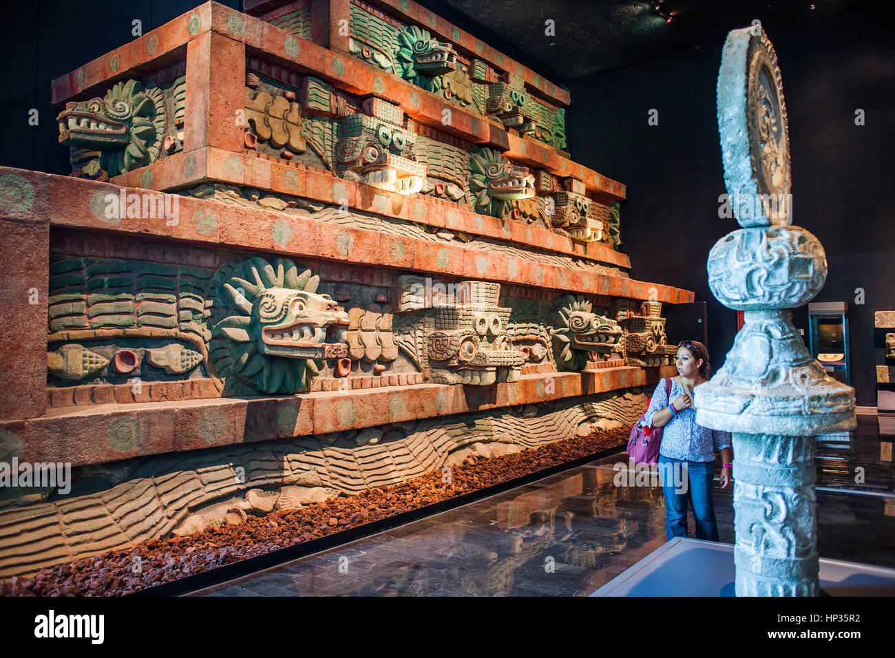 Replica, `Piramide de la serpiente emplumada´, Pyramid of the Feathered Serpent, or snake,from Teotihuacan, National Museum Anthropology. Mexico City. Stock Photo